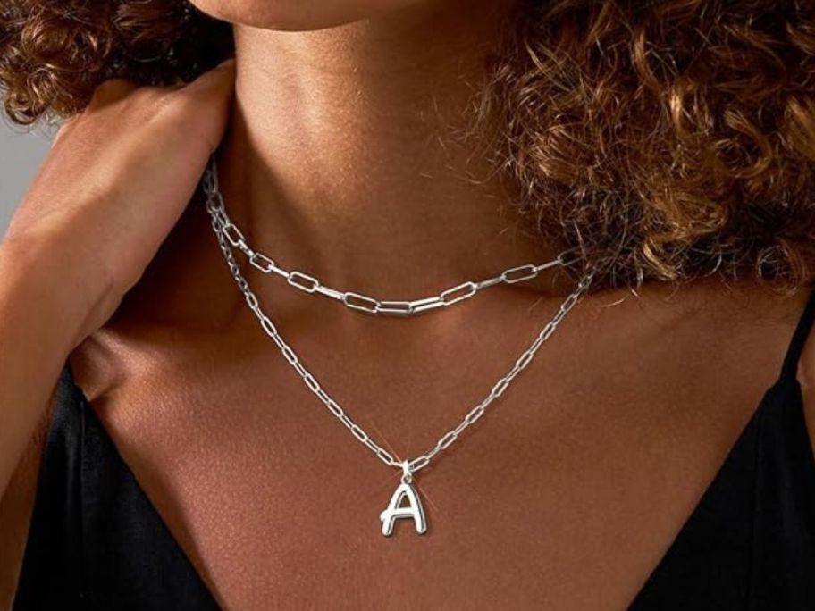 woman wearing Adoyi Layered Bubble Initial Necklace with an A on it