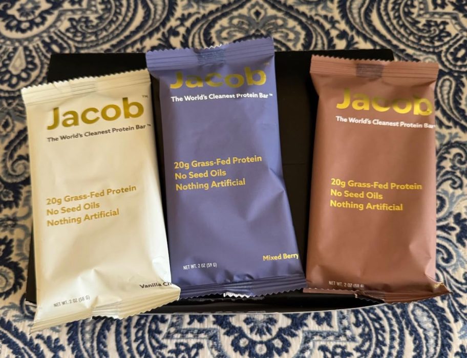 row of jacobs protein bars in box on counter