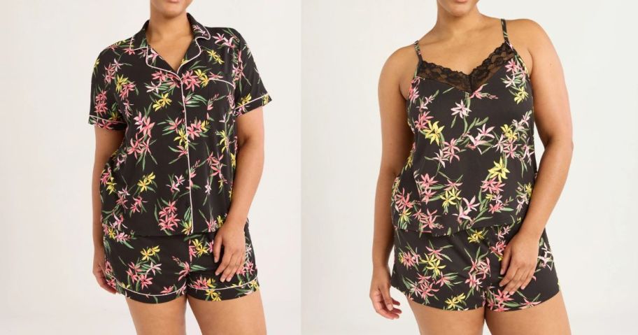 two women wearing joyspun black floral pajama sets