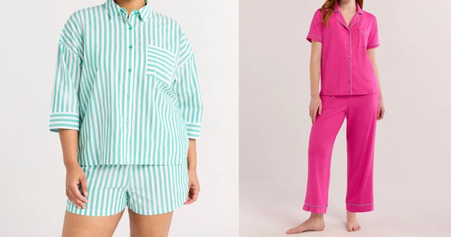 a woman wearing a green striped joyspun pajama set and another woman wearing a pink joyspun pajama set
