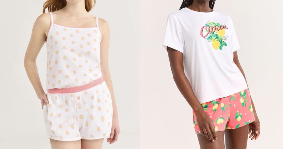 a woman wearing a white polka dotted joyspun pajama set and other woman wearing a graphic joyspun pajama set with citrus on it