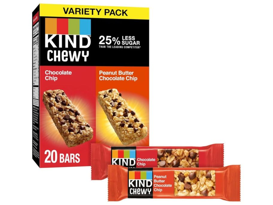 KIND Chewy Granola Bars 20-Count Variety Pack box with two bars in front of it
