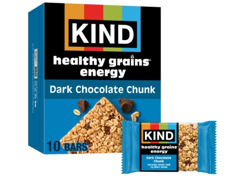 KIND Healthy Grains Energy Bars 10-Count - Dark Chocolate Chunk box with one bar in front of it