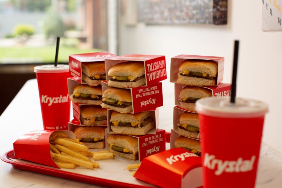Krystal sliders in red wrapp cartons next to fountain sodas
