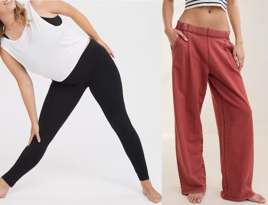 a model in aerie leggings and a model wearing a pair of wide leg fleece pants