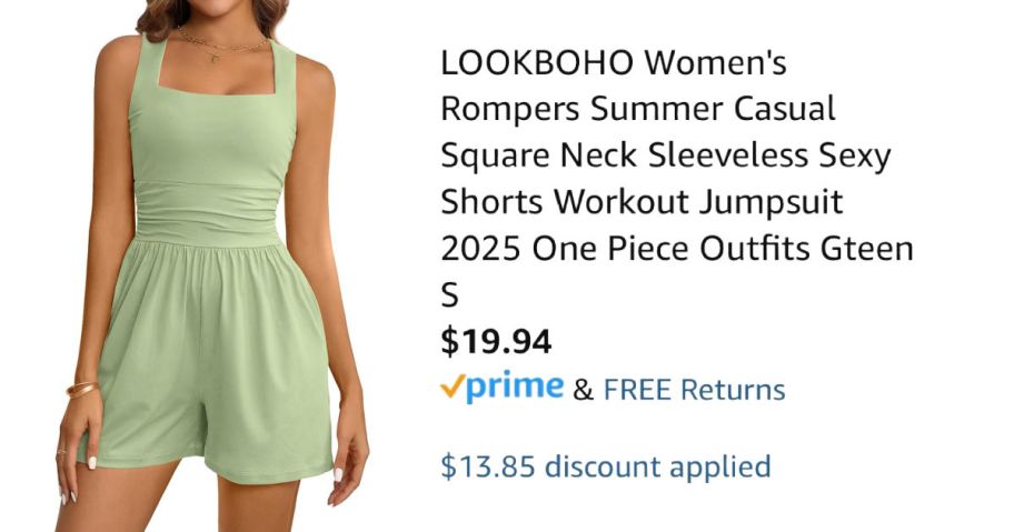 woman wearing green romper next to Amazon pricing information