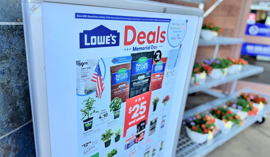 lowe's memorial day sale sign near garden center