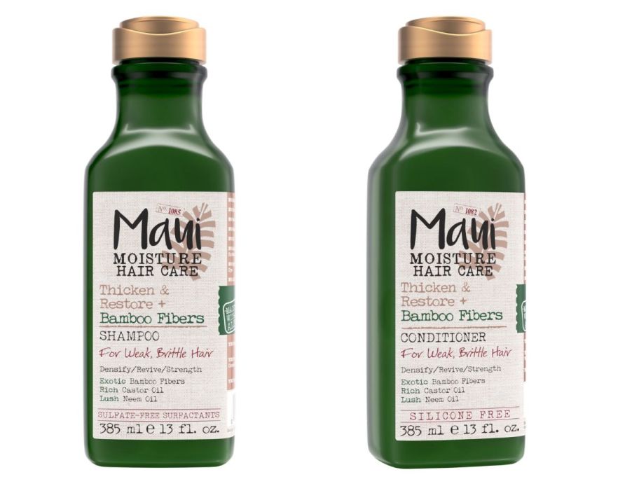 Maui Moisture Thicken & Restore + Bamboo Fibers Shampoo and conditioner bottle stock images