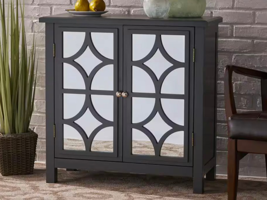 dark blue cabinet with mirror doors plant next to it 