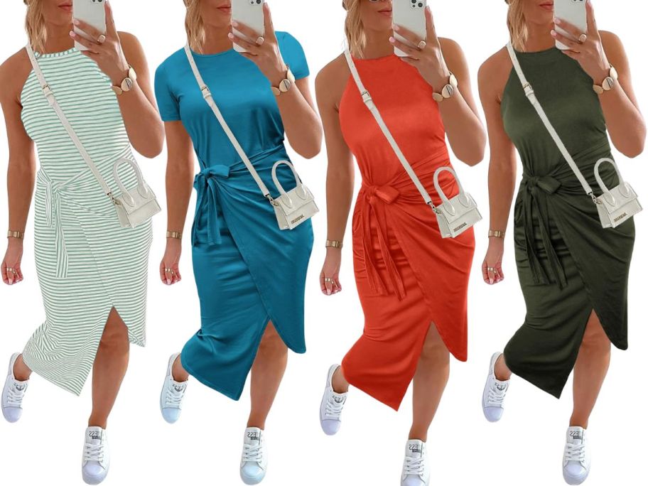 four women wearing NOLLSOM Summer Midi Dresses in striped green and white, turquoise, orange, and green