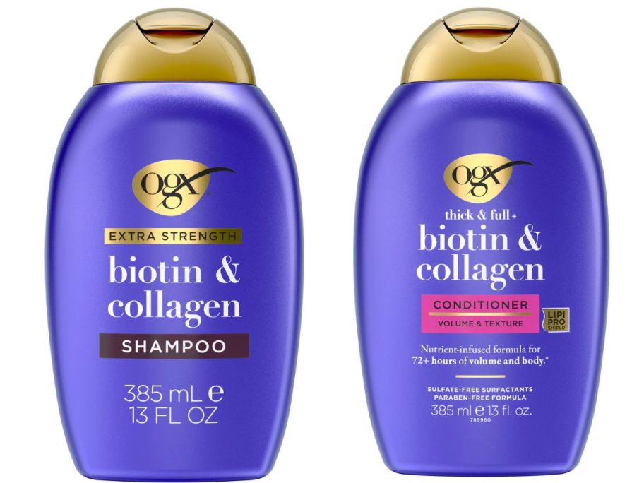 OGX Extra Strength Bioton & Collagen Shampoo and conditioner bottle stock images
