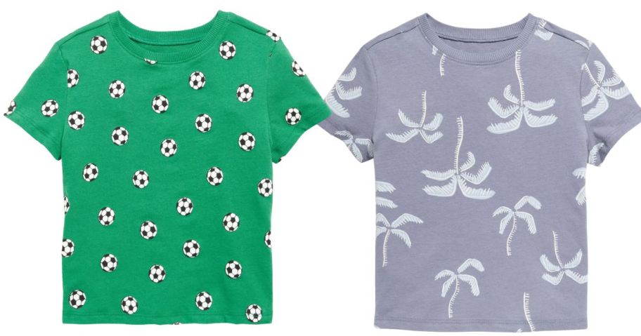 two Old Navy Toddler Boys Tees with soccer balls on it and another with palm trees