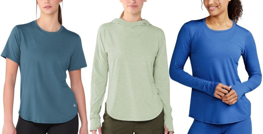 a woman in a blue short sleeve tee shirt, a woman in a light green hoodie t-shirt and a woman in a blue long sleeve base layer shirt