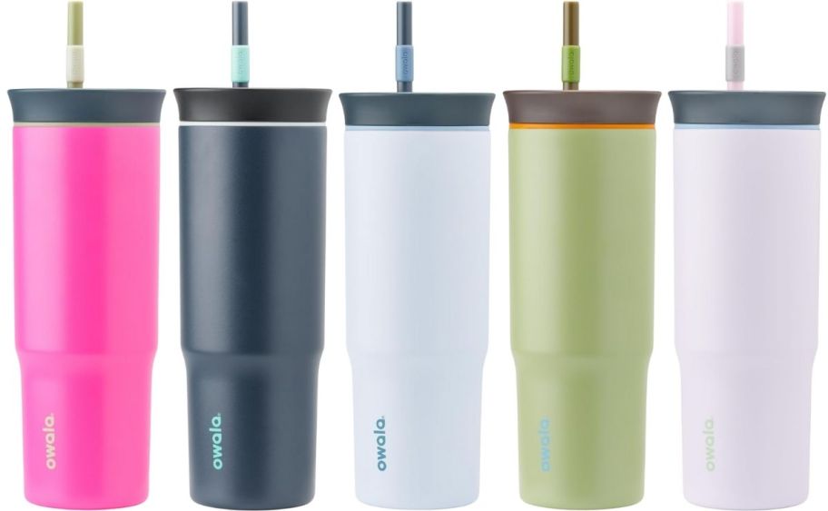 5 owala 24oz tumblers in five different colors; hot pink, navy blue, light gray light olive green and pale lavender