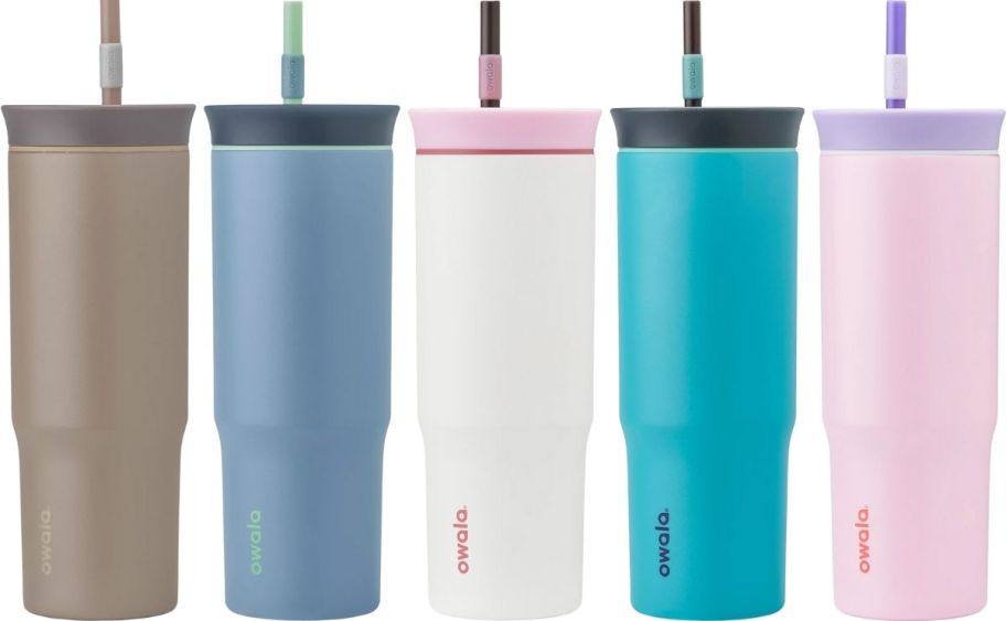 5 owala 24oz tumblers in five different colors; brown, light blue, white, turquoise, and light pink 