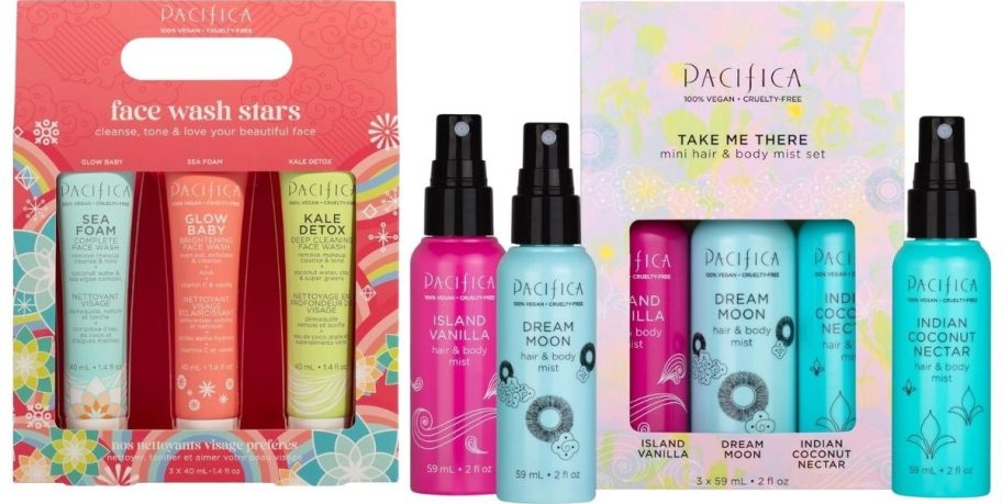 a set of 3 travel size face washes shown with a set of 3 travel sized hair and body mists in Island Vanilla