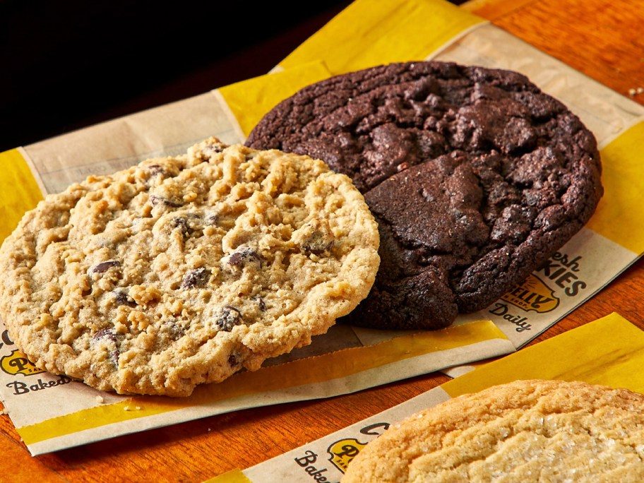 two cookies laying on bag