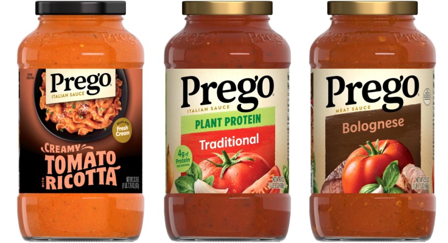 three jars of prego pasta sauces in different flavors