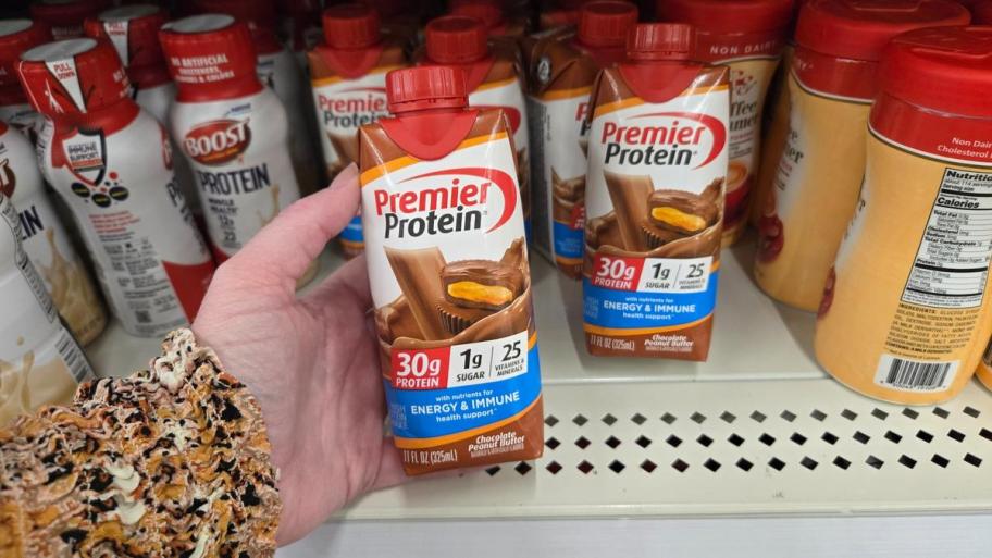 Premier Protein shake in Chocolate Peanut Butter flavor with 30g protein, 1g sugar, and immune support label.