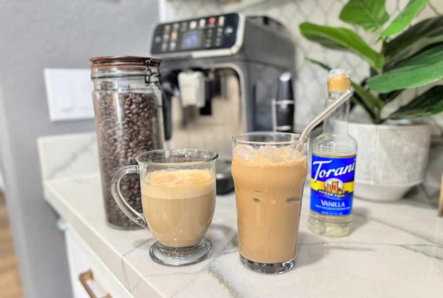 protein coffee hot and cold versions on the counter 