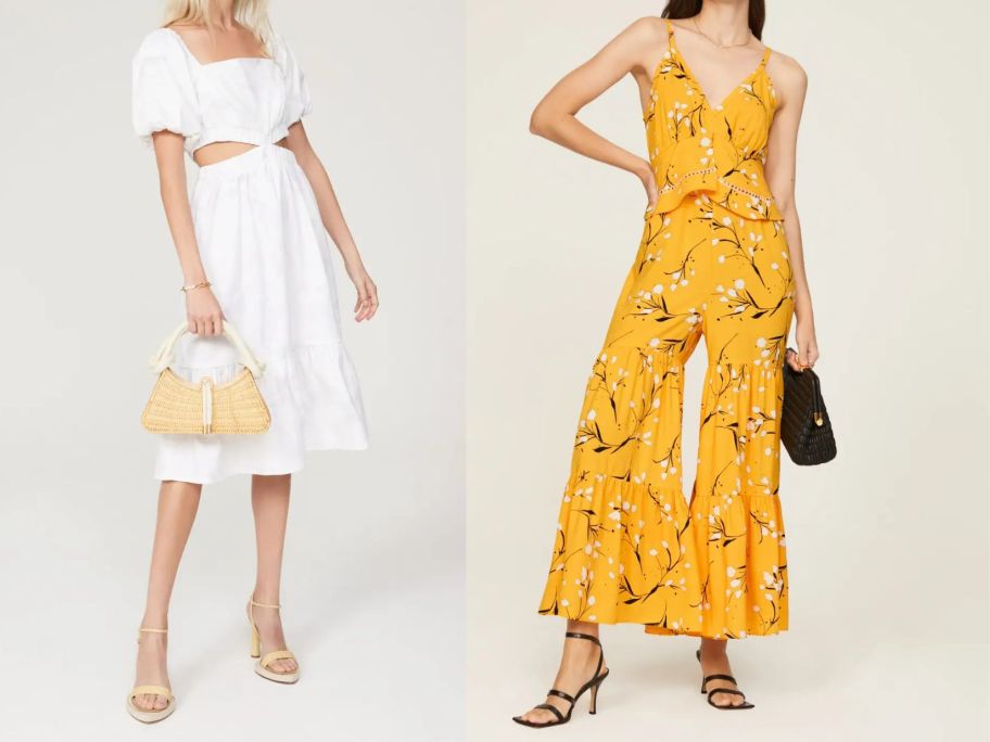 a woman wearing a white midi dress and another woman wearing a yellow floral jumpsuit