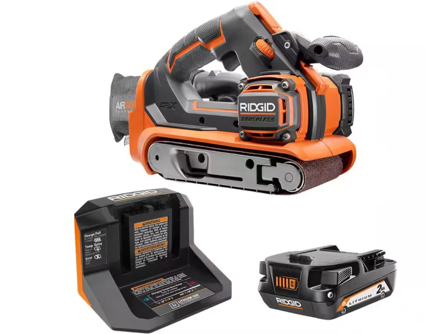 orange and black ridgid sander with battery and charger 
