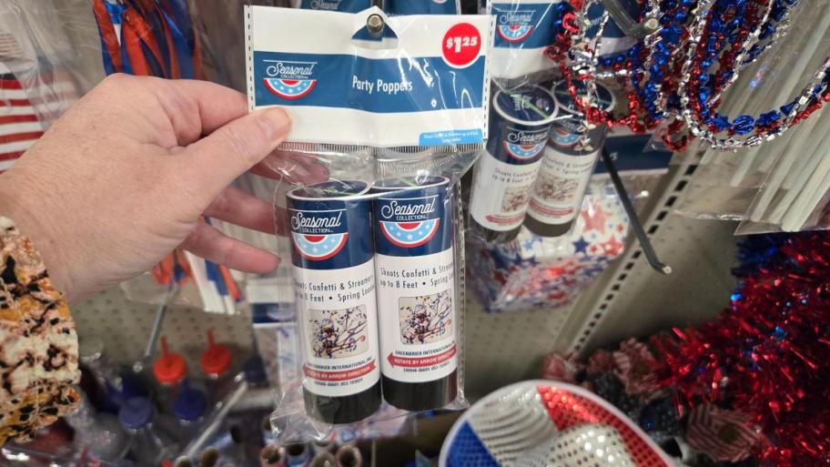 Two-pack of Seasonal Collection party poppers that shoot confetti and streamers up to 8 feet.
