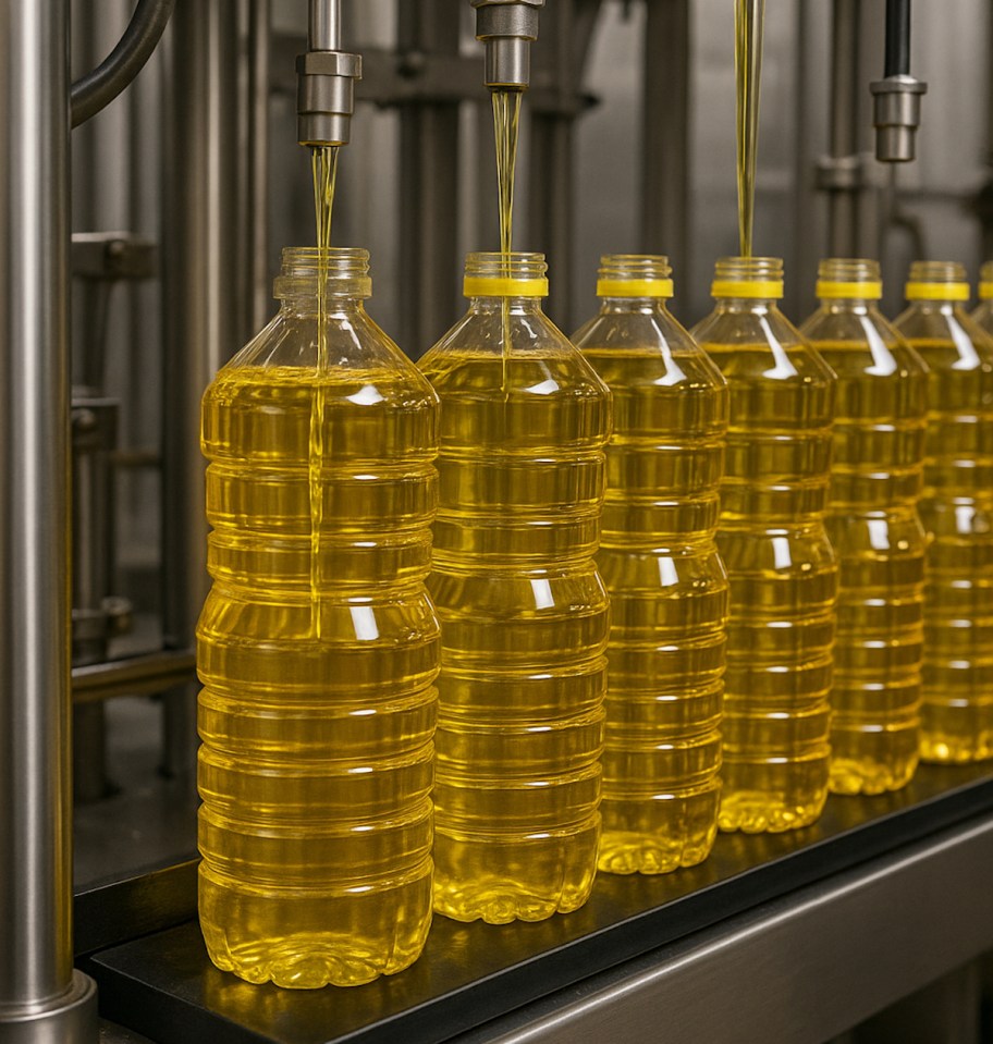 seed oil being pumped into clear bottles