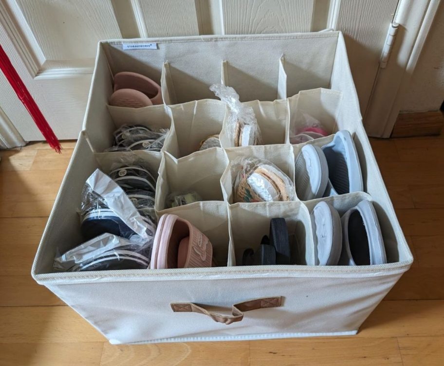 pairs of shoes fill slots in a white square shoe organizer