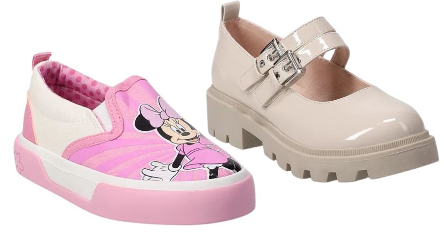 a pink minnie mouse shoe and a beige mary jane shoe