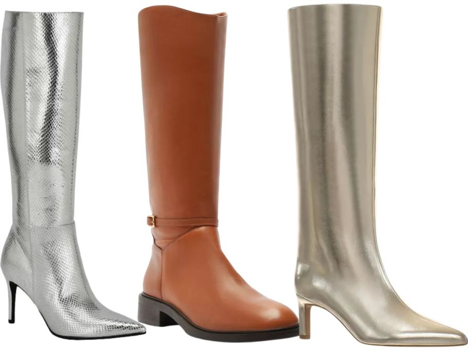 a silver, brown, and gold woman's boot