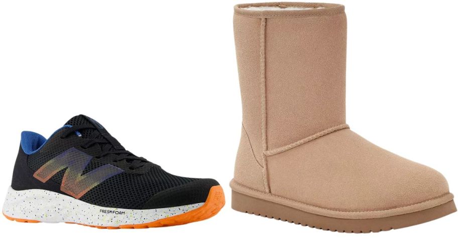 new balance black and orange shoe and beige koolaburra boot