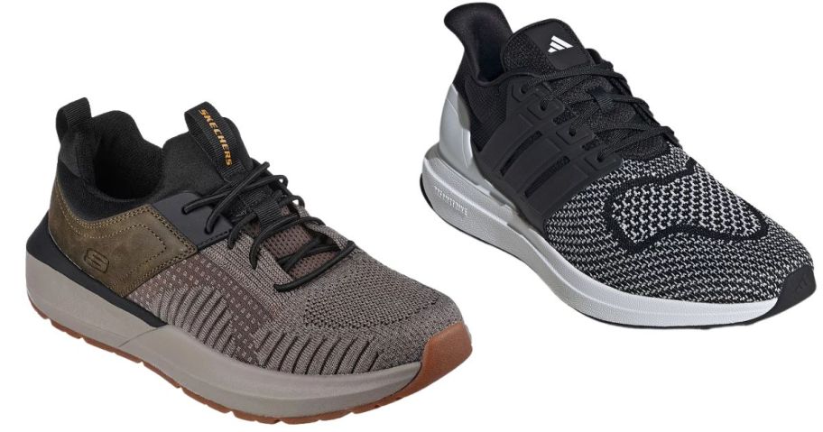 brown skechers shoes and black and white adidas shoes