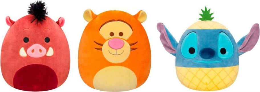 Squishmallows Disney 8" Plushies in pumbaa, tigger, and stitch in a pineapple