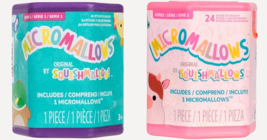 two Squishmallows Original Micromallows 2.5" Plush Mystery Capsules in purple and pink