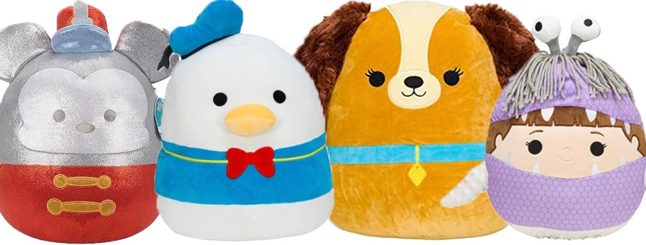 mickey mouse, donald duck, lady, and boo squishmallows