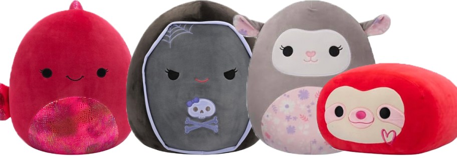 fish, coffin, lamb, and sloth squishmallow plushes