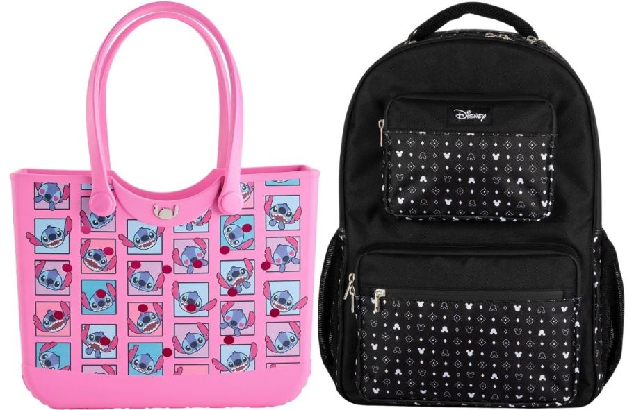 a pink eva stitch tote shown with a black nylon disney backpack