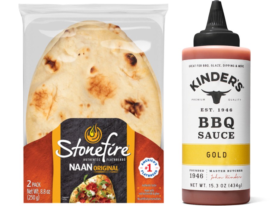 stonefire naan bread pack and kinders bbq sauce bottle 