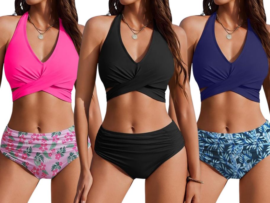 three women wearing AI'MAGE Women's High Waisted Bikinis