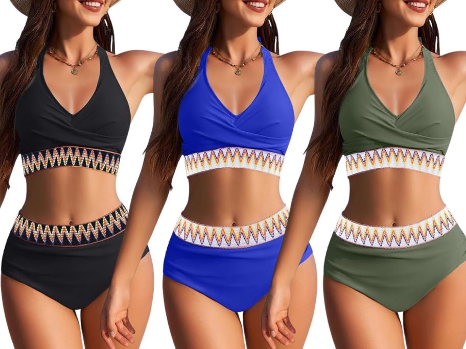 three women wearing AI'MAGE Women's High Waisted Bikinis