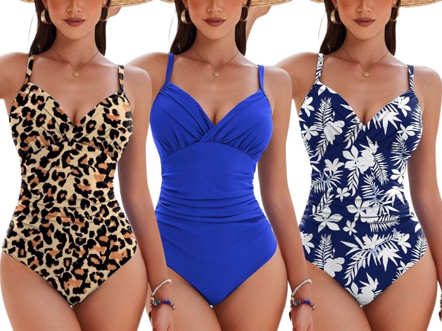 three women wearing AI'MAGE Women's One Piece Ruched Swimsuits