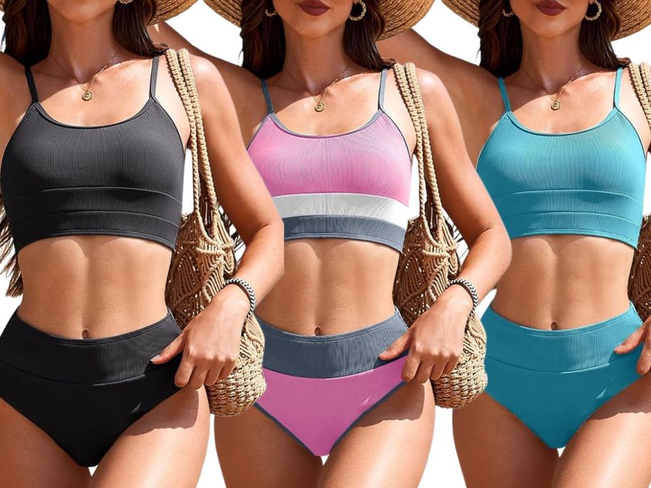 three women wearing AI'MAGE Women's High Waisted Bikinis