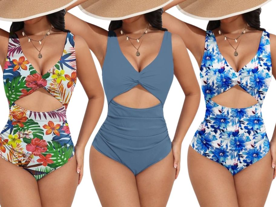 three women wearing AI'MAGE Women's One Piece Swimsuits