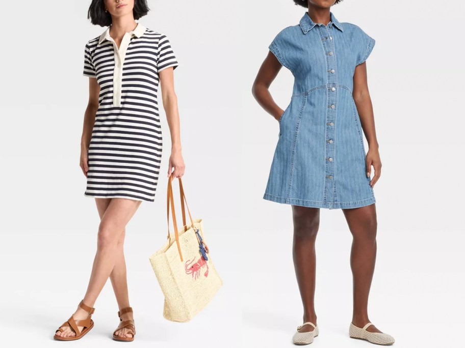 two women wearing black and white dress and blue dress 