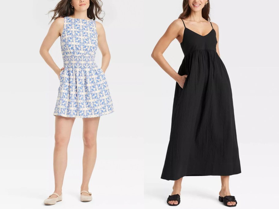 two women wearing blue and black dresses 