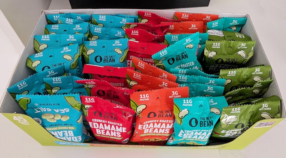 a box filled with snack size bags of the only bean snacks