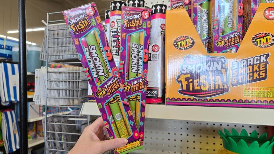 TNT Smokin’ Fiesta 3-pack of colorful smoke sticks in vibrant packaging.