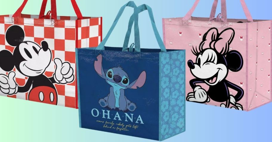 Disney Reusable Character Tote Bags in mickey mouse, stitch, and minnie mouse against green and blue background