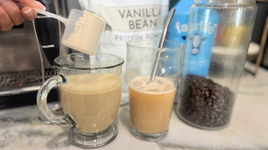 vanilla protein powder next to protein coffees (
